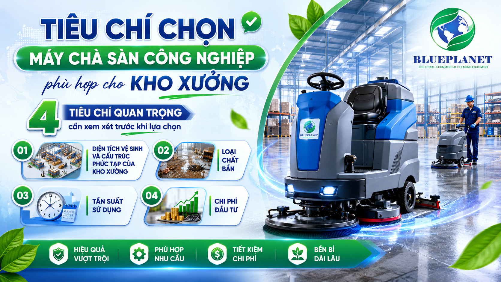 Tiêu chí chọn máy chà sàn công nghiệp cho kho xưởng